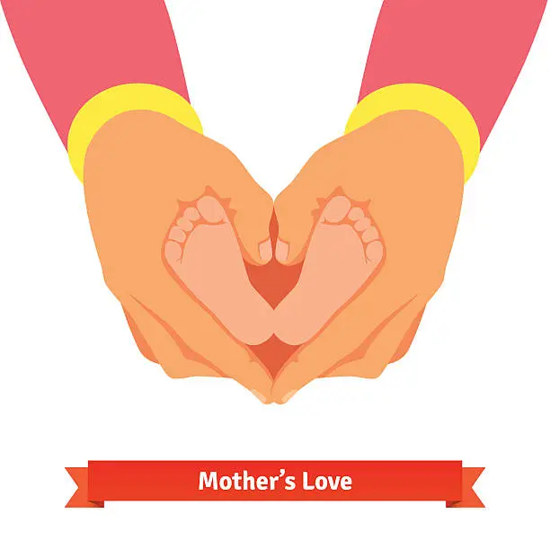 Vector illustration of Mother hands holding newborn baby foots