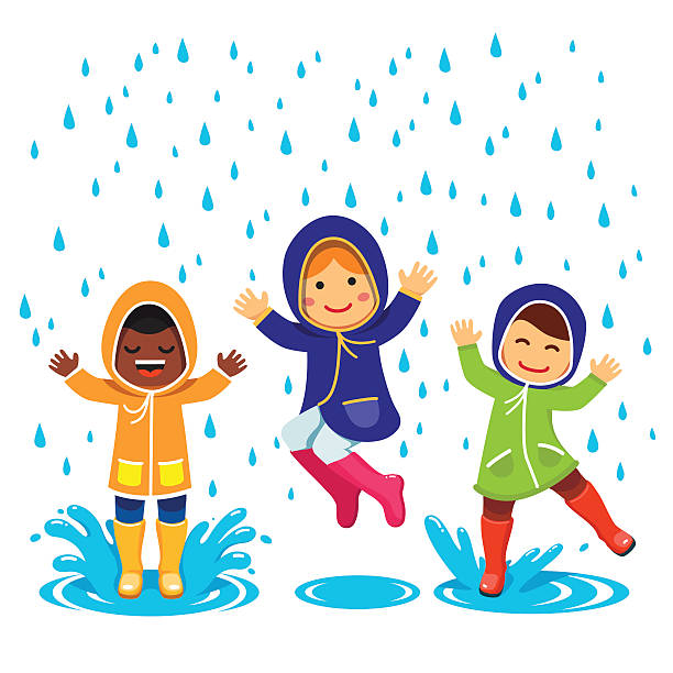 ilustraciones, imágenes clip art, dibujos animados e iconos de stock de niños en raincoats y fundas de goma jugando - puddle