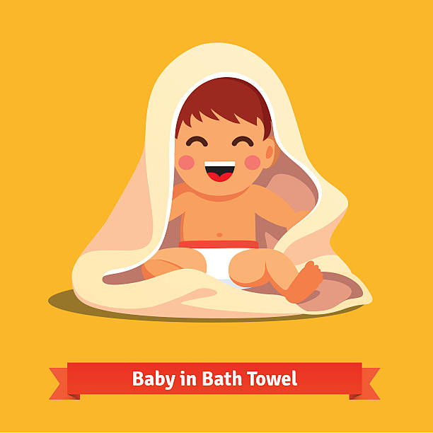 szczęśliwy chłopiec malucha dziecko zawinięte w ręcznik do kąpieli - wrapped in a towel illustrations stock illustrations