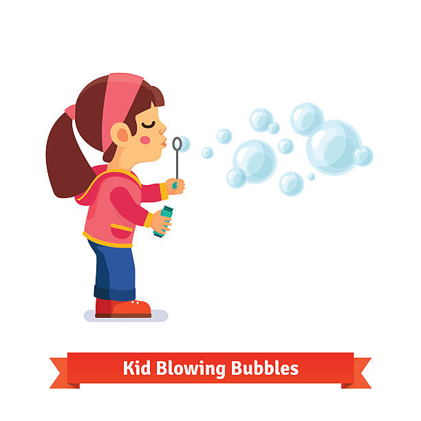 Cute little girl blowing soap bubbles through wand Cute little girl blowing soap bubbles through wand and holding bottle with solution in other hand. Flat style vector cartoon illustration isolated on white background. kids blowing bubbles stock illustrations