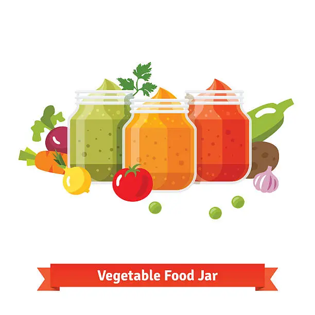 Vector illustration of Vegetable food jars. Baby puree