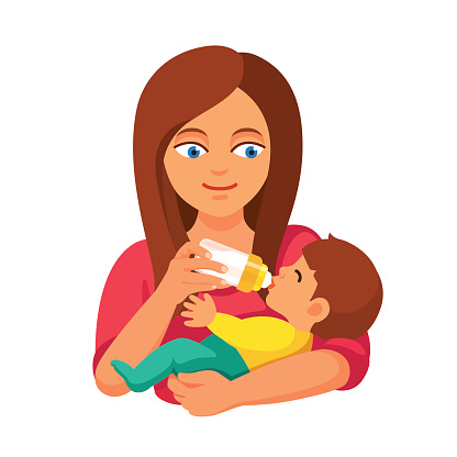Mother holding and feeding baby with milk bottle. Flat style vector cartoon illustration isolated on white background.