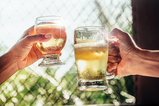 two hands clinking beer glasses in summer light