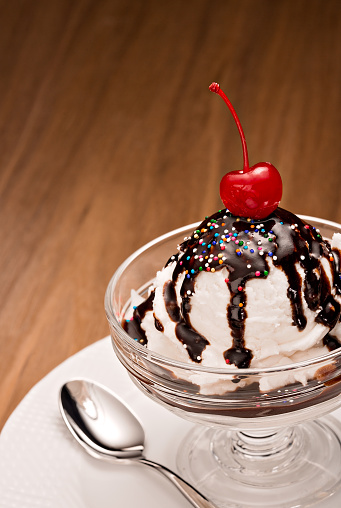 ice cream sundae with chocolate sauce and a cherry on top