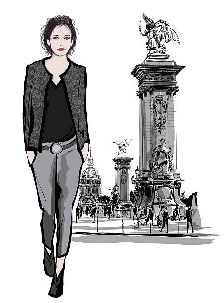 woman walking on Alexandre III Bridge woman walking on Alexandre III Bridge in Paris France - vector illustration pont alexandre iii stock illustrations
