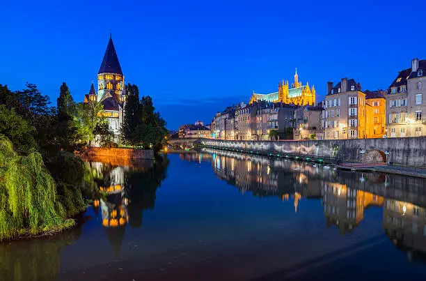 View of Metz with Temple Neuf  and Moselle River, Lorraine, France