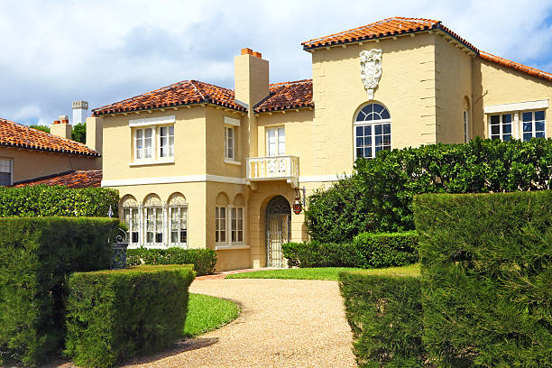 Palm Beach, Florida, USA - March 15, 2014: External facade of a wonderful mansion in spanish style. No people.