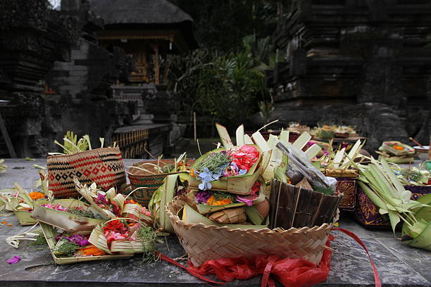 istock Colourful display of Hindu offerings in bamboo baskets on Bali 491994247