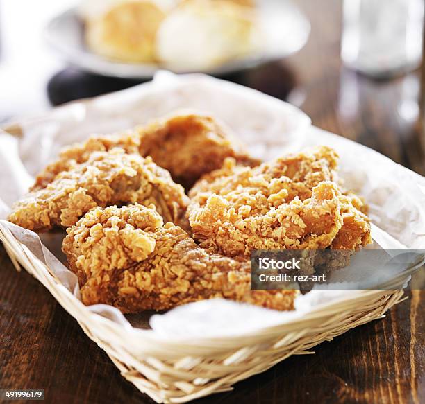 Fried Chicken Pile In A Basket On Table Stock Photo - Download Image Now - American Culture, Basket, Breaded