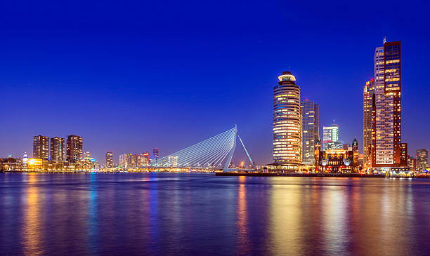 erasmus-brücke in der abenddämmerung - rotterdam stock-fotos und bilder