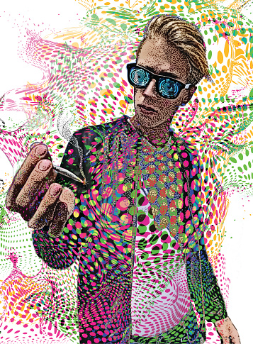 Young Man Smoking Marijuana and Psychedelic Background