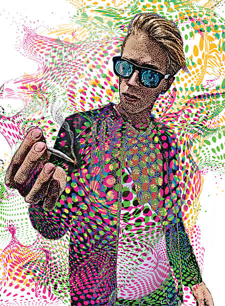 Young Man Smoking Marijuana and Psychedelic Background Mezzotint vector of a young adult smoking marijuana and getting high with psychedelic background.  cannabis narcotic stock illustrations