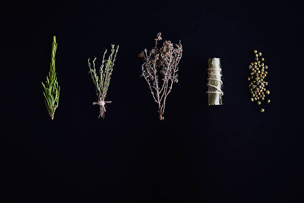 Species and herbs: rosemary majoran thyme and bay leaf isolated Species and herbs: rosemary majoran thyme and bay leaf isolated on black majoran stock pictures, royalty-free photos & images