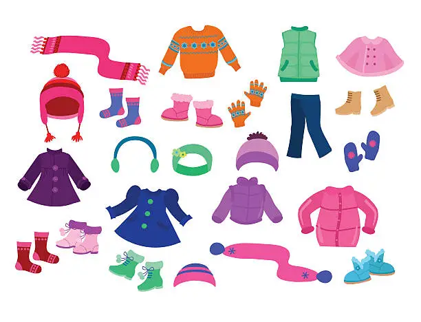 Vector illustration of Winter apparel collection for girls - vector illustration.