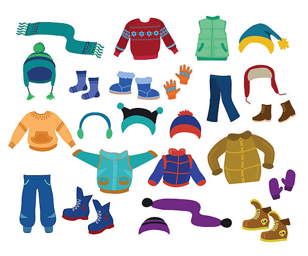 kolekcja ubrania zimowe dla chłopców-ilustracja wektorowa. - warm clothing stock illustrations