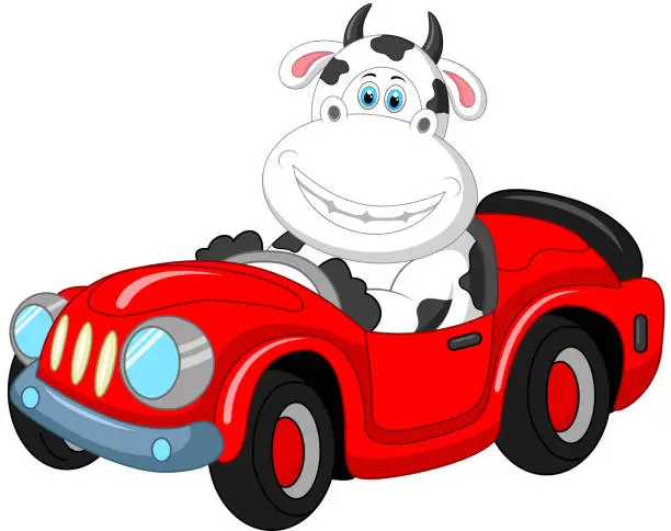 Vector illustration of Cartoon cow driving a car