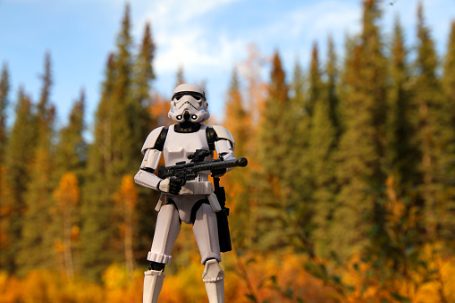 Banff, Canada - October 2, 2015: A stormtrooper model from the Star Wars film franchise against the autumn colors in the forests of Banff National Park. The toy is part of the Black Series, from Hasbro.