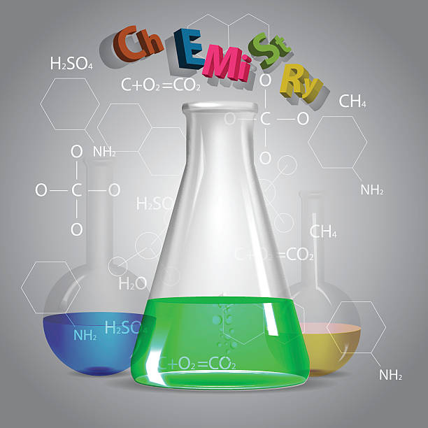 ilustrações de stock, clip art, desenhos animados e ícones de química. química frasco de vidro com líquido. sobre fundo cinzento - abstract medical exam healthcare and medicine backgrounds