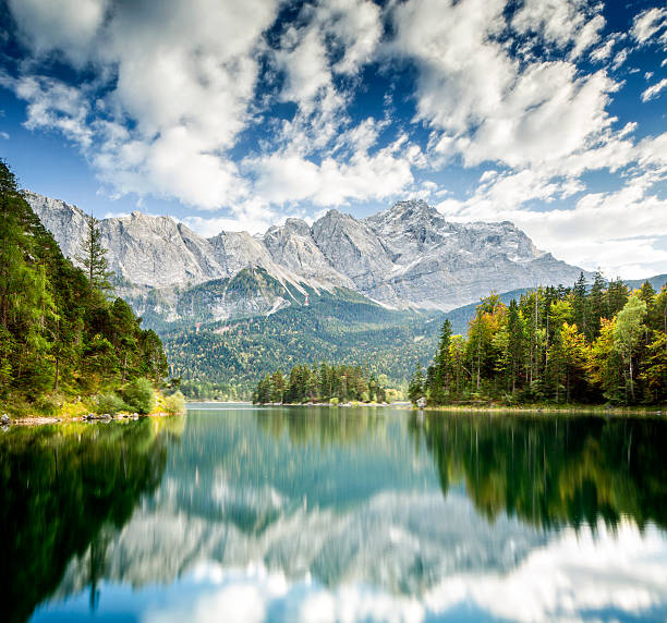 Panoramic view of the mountain Zugspitze and the lake Eibsee near Garmisch-Partenkirchen