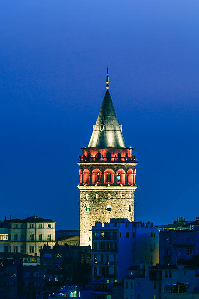 galata tower bei nacht - galata tower stock-fotos und bilder