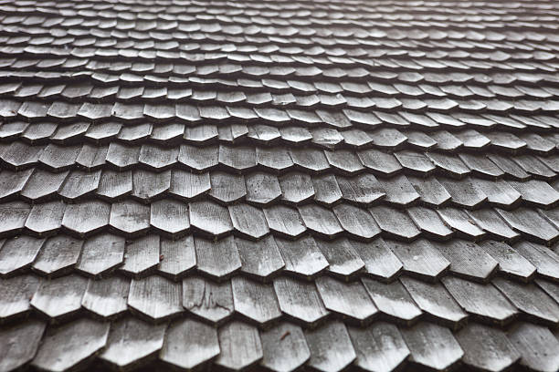 istock Old wooden shingle roof 492010742