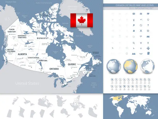 Vector illustration of Canada detailed map and icons.Grey and blue