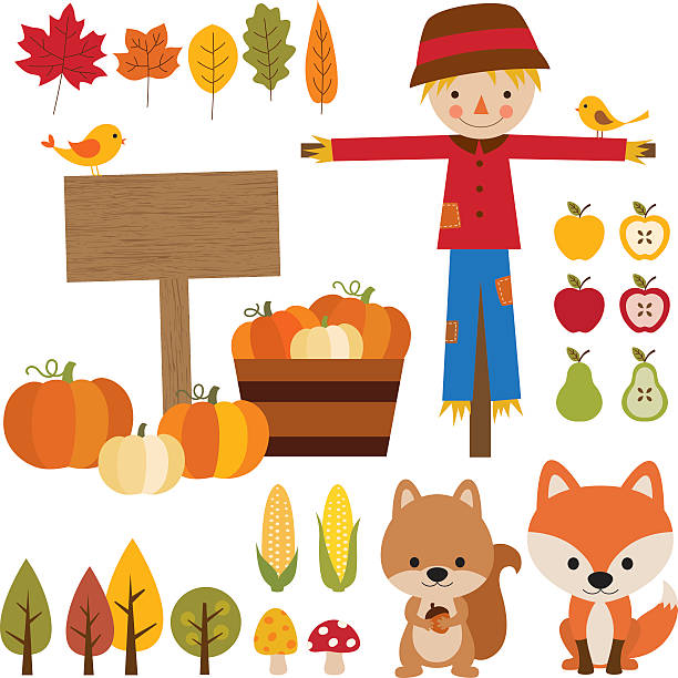 ilustrações, clipart, desenhos animados e ícones de elementos temporada de outono nos eua - apple vegetable crop tree