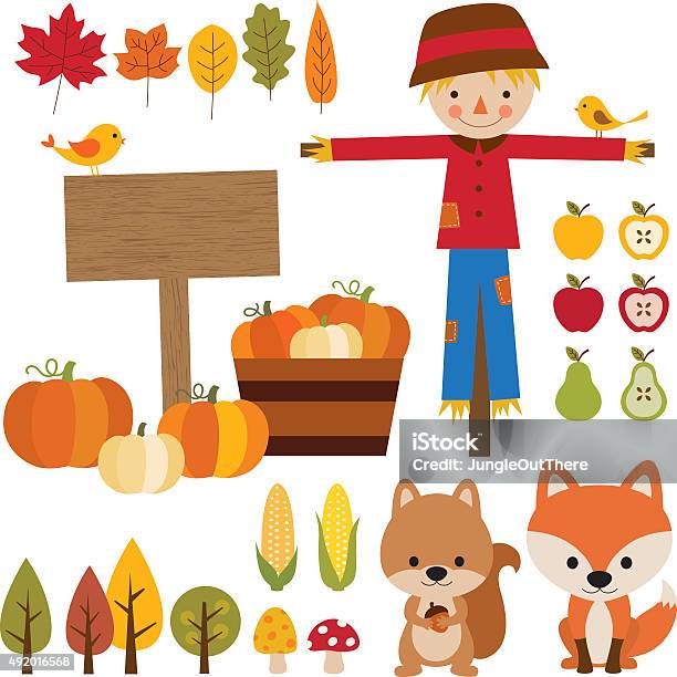 Fall Season Elements Stock Illustration - Download Image Now - Scarecrow - Agricultural Equipment, Autumn, Computer Graphic