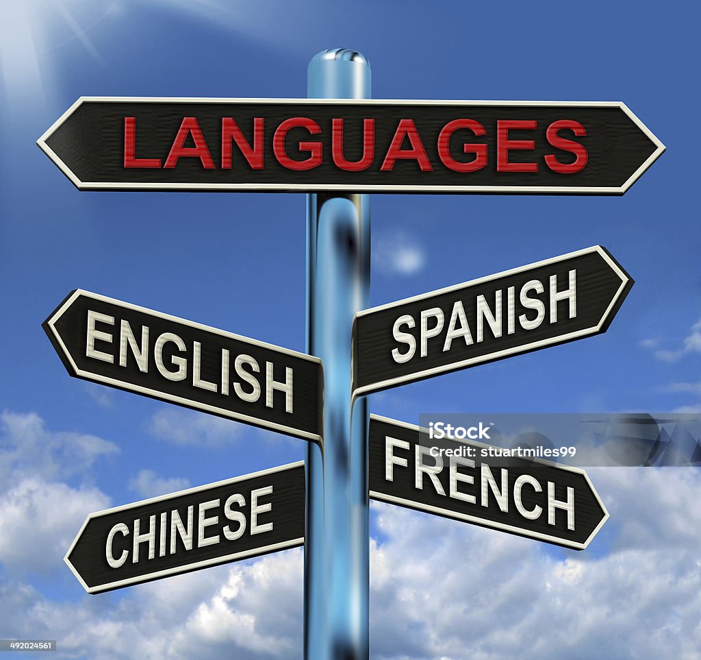 Languages Signpost Means English Chinese Spanish And French Languages Signpost Meaning English Chinese Spanish And French Bilingual Stock Photo