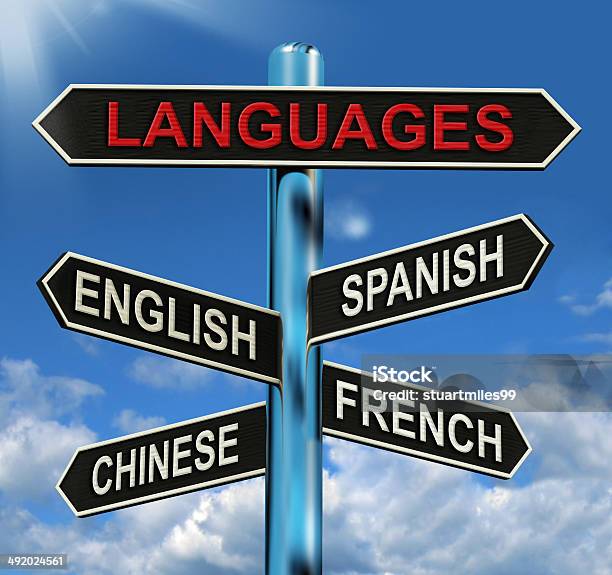 Languages Signpost Means English Chinese Spanish And French Stock Photo - Download Image Now