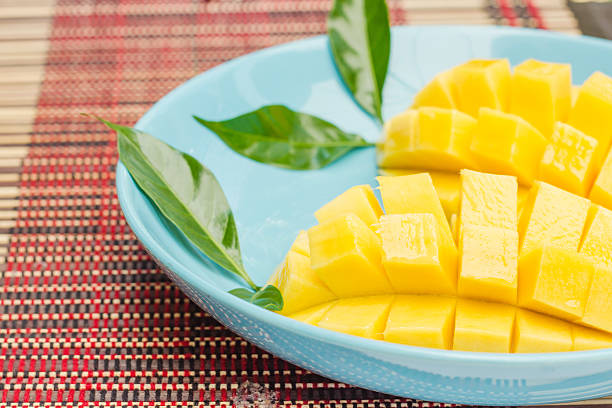 istock Two diced mangoes in a blue dish 492025067