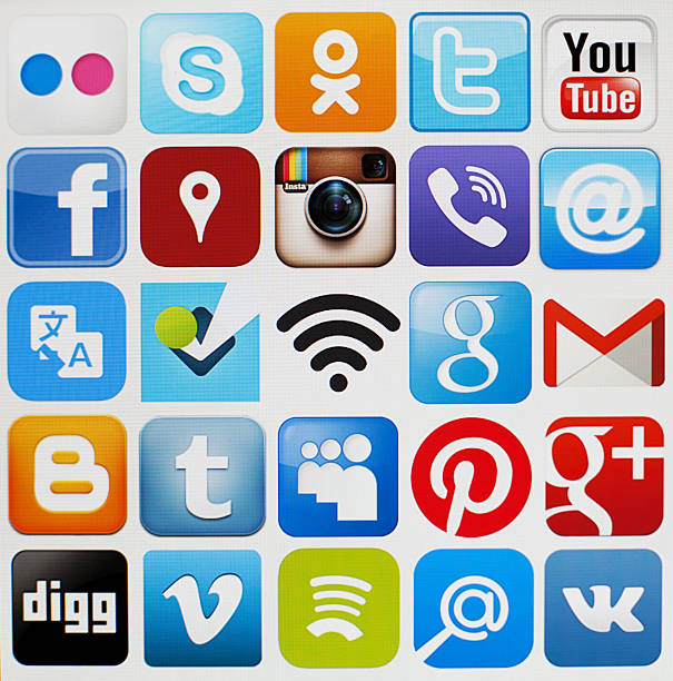 Kharkiv, Ukraine - may 18, 2014: Set of social media icons, such as Skype, Vimeo, Facebook, Instagram, Twitter, Youtube, Google, Foursquare, Mail and other on iPad screen. The iPad is produced by Apple Computer, Inc.