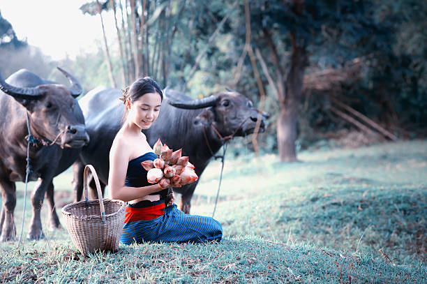 istock thai ancient young women with buffalo on rural 492030780