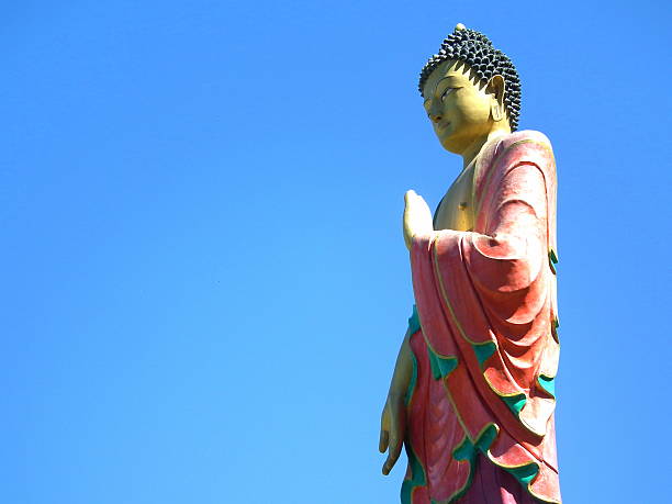 istock Beautiful Buddha Statue With Blue Background As Copyspace 492035970