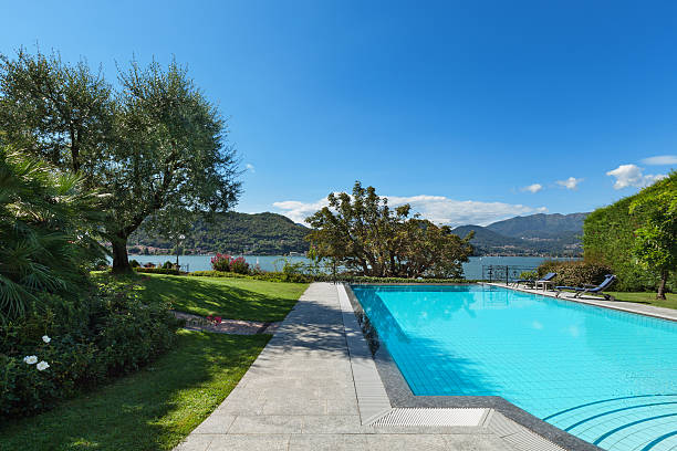 istock beautiful swimming pool overlooking the lake 492037372