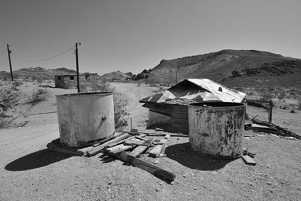 Rhyolite is a ghost town in Nye County, in the U.S. state of Nevada. It is in the Bullfrog Hills, about 120 miles (190 km) northwest of Las Vegas, near the eastern edge of Death Valley. The town began in early 1905 as one of several mining camps that sprang up after a prospecting discovery in the surrounding hills. During an ensuing gold rush, thousands of gold-seekers, developers, miners and service providers flocked to the Bullfrog Mining District. Many settled in Rhyolite, which lay in a sheltered desert basin near the region's biggest producer, the Montgomery Shoshone Mine.