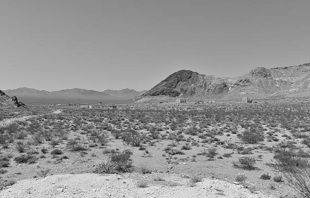 Rhyolite is a ghost town in Nye County, in the U.S. state of Nevada. It is in the Bullfrog Hills, about 120 miles (190 km) northwest of Las Vegas, near the eastern edge of Death Valley. The town began in early 1905 as one of several mining camps that sprang up after a prospecting discovery in the surrounding hills. During an ensuing gold rush, thousands of gold-seekers, developers, miners and service providers flocked to the Bullfrog Mining District. Many settled in Rhyolite, which lay in a sheltered desert basin near the region's biggest producer, the Montgomery Shoshone Mine.