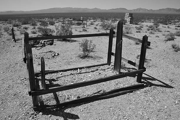 Rhyolite is a ghost town in Nye County, in the U.S. state of Nevada. It is in the Bullfrog Hills, about 120 miles (190 km) northwest of Las Vegas, near the eastern edge of Death Valley. The town began in early 1905 as one of several mining camps that sprang up after a prospecting discovery in the surrounding hills. During an ensuing gold rush, thousands of gold-seekers, developers, miners and service providers flocked to the Bullfrog Mining District. Many settled in Rhyolite, which lay in a sheltered desert basin near the region's biggest producer, the Montgomery Shoshone Mine.