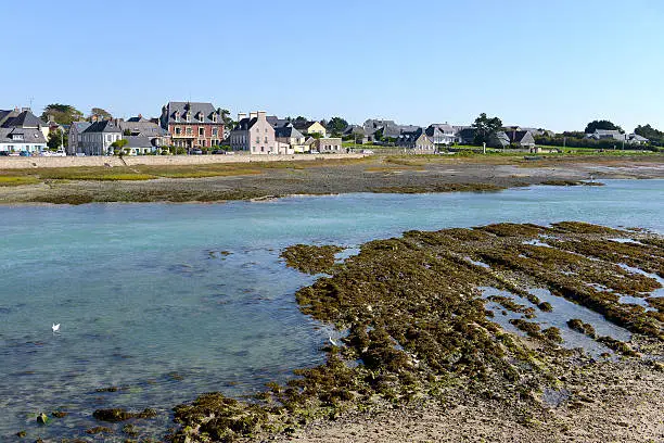 Seaside resort at low tide of Port-Bail or Porbail, a commune in the peninsula of Cotentin in the Manche department in Lower Normandy in north-western France