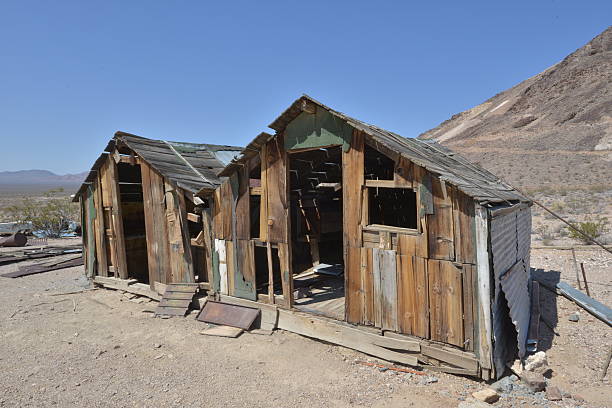 Rhyolite is a ghost town in Nye County, in the U.S. state of Nevada. It is in the Bullfrog Hills, about 120 miles (190 km) northwest of Las Vegas, near the eastern edge of Death Valley. The town began in early 1905 as one of several mining camps that sprang up after a prospecting discovery in the surrounding hills. During an ensuing gold rush, thousands of gold-seekers, developers, miners and service providers flocked to the Bullfrog Mining District. Many settled in Rhyolite, which lay in a sheltered desert basin near the region's biggest producer, the Montgomery Shoshone Mine.