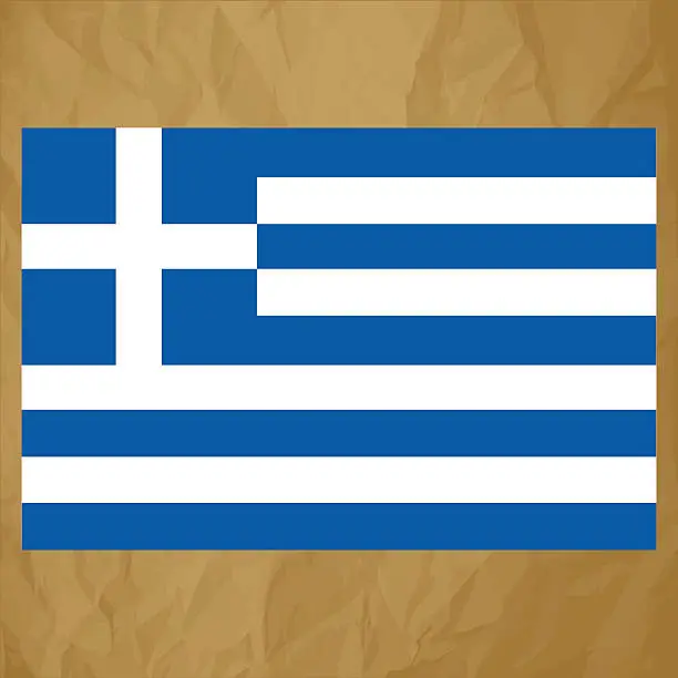 Vector illustration of Flag of Greece on a crumpled paper brown background.