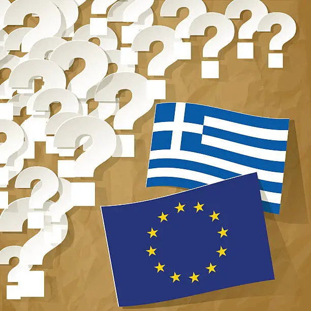 Vector illustration of Flags of European Union and Greece with question marks.