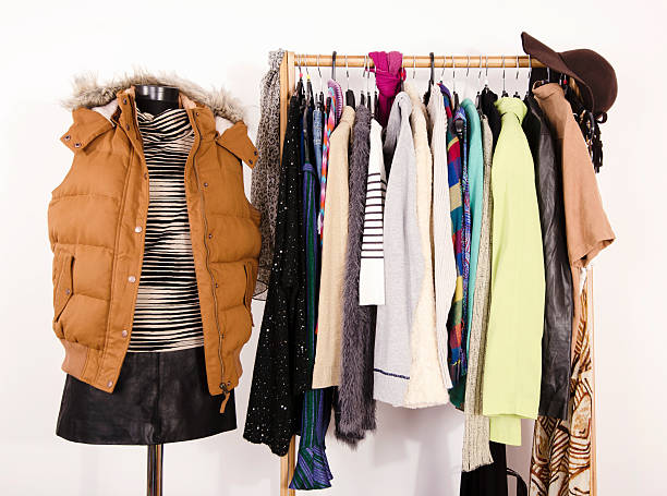 istock Wardrobe with winter clothes arranged on hangers. 492045242