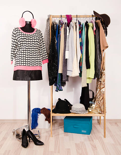 istock Wardrobe with winter clothes arranged on hangers. 492045270