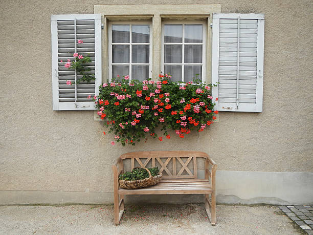 istock Vintage window with flowers and shutters in Switzerland 492046206