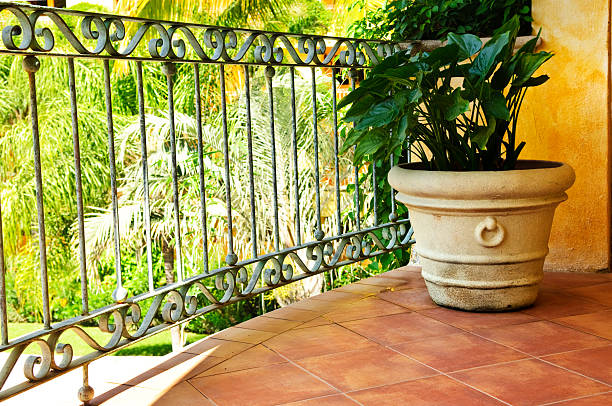 Tiled Mexican balcony with potted plant near railing