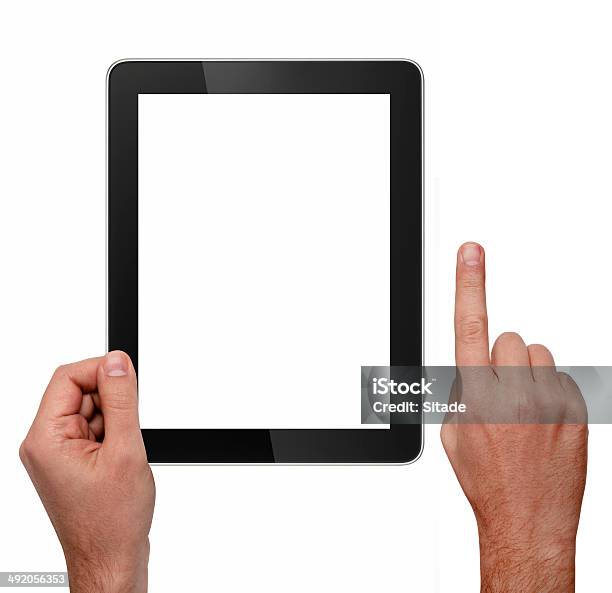 Foto de Tablet Digital E Mãos Com Trilhas De Recorte e mais fotos de stock de Adulto - Adulto, Apontar - Sinal Manual, Botão - Peça de Máquina