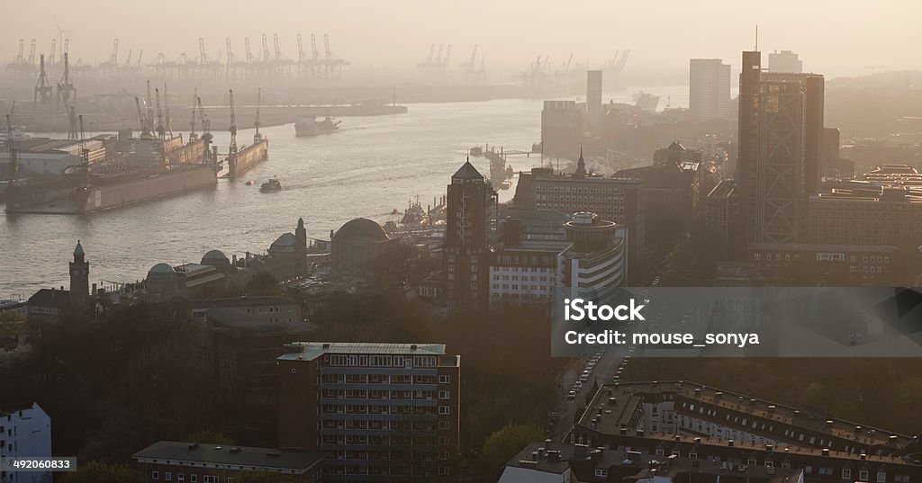 Hamburg aerial panoramic view aerial panoramic view of Elbe river and port in Hamburg, Germany Aerial View Stock Photo