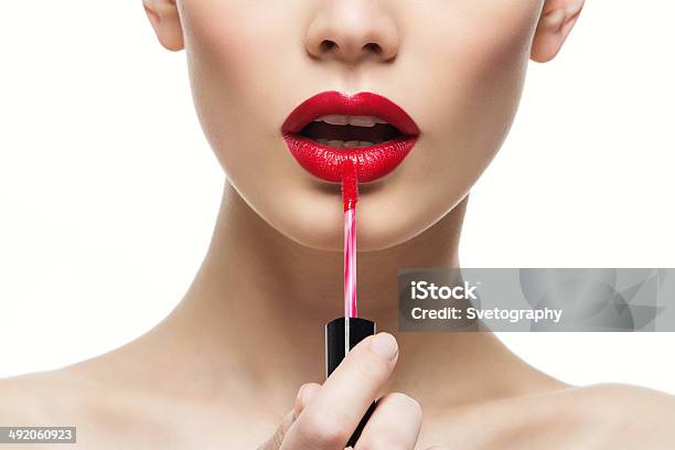 Girl With Red Lips Stock Photo - Download Image Now - Lipstick, Human Lips, Women