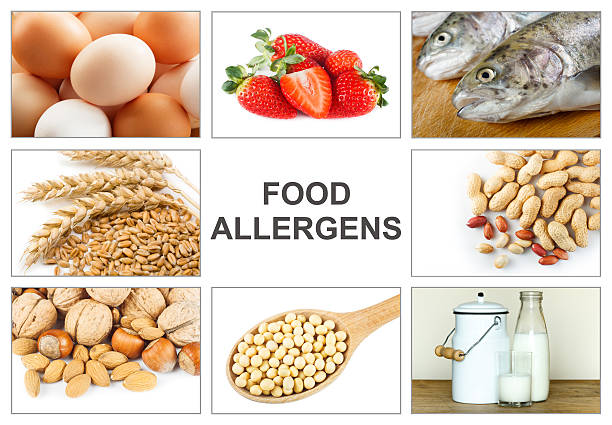 Allergy food concept Allergy food concept. Food allergens as eggs, milk, fruit, tree nuts, peanut, soy, wheat and fish. Text "food allergens" easy to remove pollen stock pictures, royalty-free photos & images